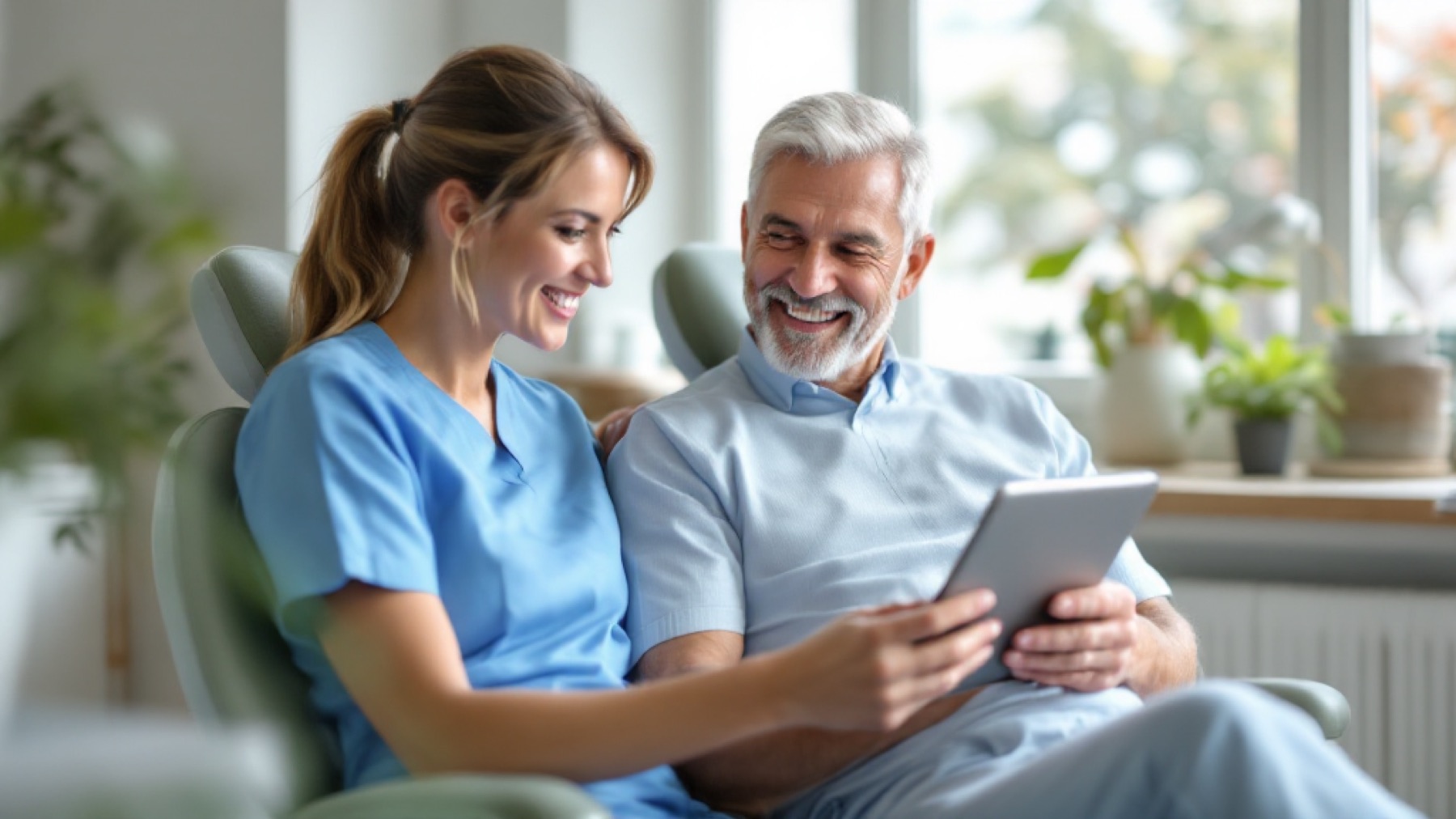 A dental hygienist and a smiling patient looking at a tablet together in a bright clinic